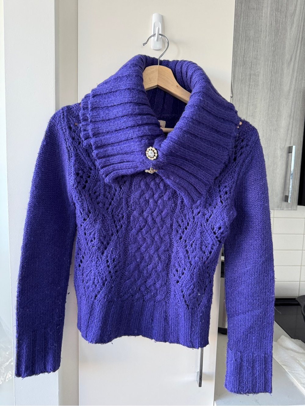 Only Purple Cable Knit Sweater with Brooch